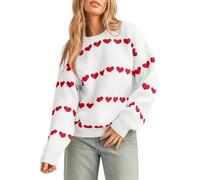 LLECDASEUI Damen Niedliches Herz Pullover Rundhalsausschnitt Lange Ärmel Pullover Pullover Top Valentinstag Liebe Rippenstrick Pullover (M,Weiß)
