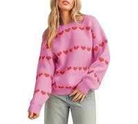 LLECDASEUI Damen Niedliches Herz Pullover Rundhalsausschnitt Lange Ärmel Pullover Pullover Top Valentinstag Liebe Rippenstrick Pullover (M,Rosa)