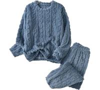 LLECDASEUI Damen-Pyjama-Set mit Zopfmuster, flauschiger Fleece-Pullover, Hose, weiche Lounge-Sets, Winter-Pyjama, Nachtwäsche, blau, M