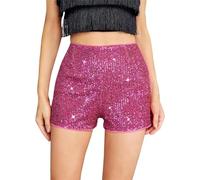 LLECDASEUI Damen-Shorts mit Pailletten, hoher elastischer Taille, geradem Bein, solide Glitzer-Party-Shorts (Rosa,S)