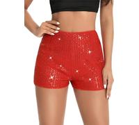 LLECDASEUI Damen-Shorts mit Pailletten, hoher elastischer Taille, geradem Bein, solide Glitzer-Party-Shorts (Rot,XS)