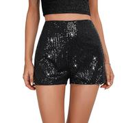 LLECDASEUI Damen-Shorts mit Pailletten, hoher elastischer Taille, geradem Bein, solide Glitzer-Party-Shorts (Schwarz,M)