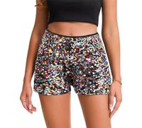 LLECDASEUI Damen-Shorts mit Pailletten, hoher elastischer Taille, geradem Bein, solide Glitzer-Party-Shorts (Bunt,S)