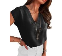LLECDASEUI Damen Sommer 2025 V-Ausschnitt Kappenärmel Blusen Strukturiert Lässig gekleidet Lose Hemden Business Arbeit Blusen Top (M,Schwarz)