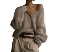 LLECDASEUI Damen Strickjacke, flauschig, V-Ausschnitt, lange Ärmel, Knopfleiste, lässig, pelzig, Strickpullover 2024, khaki, L