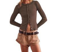 LLECDASEUI Damen Strickjacke mit Knopfleiste, schmale Y2K, Rundhalsausschnitt, langärmelig, gerippt, enganliegendes Oberteil, coffee, S