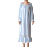 LLECDASEUI Damen Victorian Palace Langarm Maxi Nachthemden Vintage Spitze Bestickt Nachthemd Süße Prinzessin Pyjama, Blau 02, 46