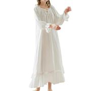 LLECDASEUI Damen Victorian Palace Langarm Maxi Nachthemden Vintage Spitze Bestickt Nachthemd Süße Prinzessin Pyjama, Weiß 02, 36