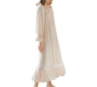 LLECDASEUI Damen Victorian Palace Langarm Maxi Nachthemden Vintage Spitze Bestickt Nachthemd Süße Prinzessin Pyjama, Pink 02, 38
