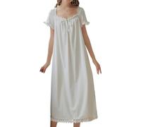 LLECDASEUI Damen Viktorianische Baumwoll-Nachthemden Vintage Schlafhemden Spitze Rüschen Prinzessin Nachtkleid, weiß, L