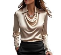 LLECDASEUI Elegante Satinbluse mit Wasserfallkragen für Damen, Büroarbeitshemd, Langarm, Seidenoberteil, champagne, M