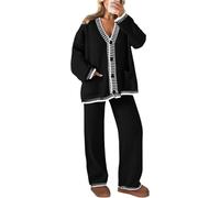 LLECDASEUI Frauen 2 Stück Outfits Passend Gestrickt Lounge-Sets Lange Ärmel V-Ausschnitt Strickjacke Pullover Weites Bein Hosen Trainingsanzüge (Schwarz,XL)