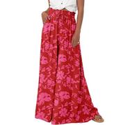 LLECDASEUI Frauen Boho Hohe Taille Weites Bein Hose Sommer Geblümt Solide Palazzo Lange Hosen Lounge Strand Hose mit Tasche (XL,Rot drucken)
