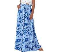 LLECDASEUI Frauen Boho Hohe Taille Weites Bein Hose Sommer Geblümt Solide Palazzo Lange Hosen Lounge Strand Hose mit Tasche (M,Blau drucken)