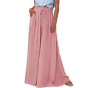 LLECDASEUI Frauen Boho Hohe Taille Weites Bein Hose Sommer Geblümt Solide Palazzo Lange Hosen Lounge Strand Hose mit Tasche (S,Solides Rosa)