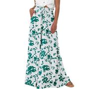 LLECDASEUI Frauen Boho Hohe Taille Weites Bein Hose Sommer Geblümt Solide Palazzo Lange Hosen Lounge Strand Hose mit Tasche (XL,Grün drucken)