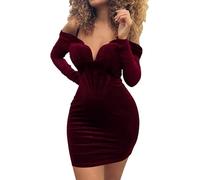 LLECDASEUI Frauen Samtkleid Sexy Schulterfreier V-Ausschnitt Bodycon Minikleid Mesh Lange Ärmel Kurzes Cocktailkleid (XL,Weinrot)