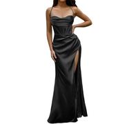 LLECDASEUI Frauen Sexy Korsett Spaghetti-Träger Maxikleid Elegant Satin Abendkleider Tief ausgeschnitten Oberschenkelhoher Schlitz Fischgrätmuster Lange Kleider (M,Schwarz)