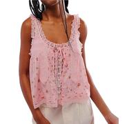 LLECDASEUI Frauen Sommer Boho Tie Front Lace Trim Tank Tops Strand Urlaub Essentials Knopf Mesh Chiffon Crop Top Y2k Kleidung (Rosa,S)