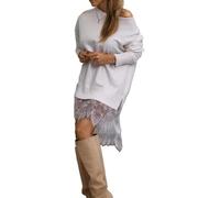 LLECDASEUI Frauen Spitze Patchwork Mini Kleid, Asymmetrisch Saum Schlitz Langer Ärmel Sweatshirt Kleider, Elegant Lässig T Shirt Kurz Kleid (M,Weiß)