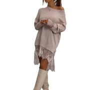 LLECDASEUI Frauen Spitze Patchwork Mini Kleid, Asymmetrisch Saum Schlitz Langer Ärmel Sweatshirt Kleider, Elegant Lässig T Shirt Kurz Kleid (L,Aprikose)