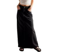 LLECDASEUI Frauen Vintage Langer Denim Maxirock Casual Hohe Taille A-Linie Ausgefranst Saum Locker Lange Jeans Rock Mit Taschen (Schwarz,XL)