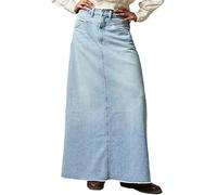 LLECDASEUI Frauen Vintage Langer Denim Maxirock Casual Hohe Taille A-Linie Ausgefranst Saum Locker Lange Jeans Rock Mit Taschen (Blau,S)