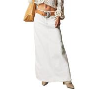 LLECDASEUI Frauen Vintage Langer Denim Maxirock Casual Hohe Taille A-Linie Ausgefranst Saum Locker Lange Jeans Rock Mit Taschen (Weiß,L)