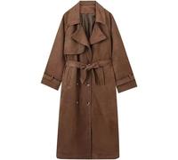 LLECDASEUI Für Frauen Gekerbt Revers Faux Wildleder Trench Mäntel - Winter Lang Wildleder Leder Jacke, Doppelt Zweireihig Erbse Mantel Mit Gürtel (Braun,S)