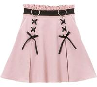 LLECDASEUI Harajuku Y2K Lolita Gothic Kawaii Kleidung Hoch tailliertes Band Vintage Spitzensaum Layered Kawaii Mini Kurzrock (Rosa,M)