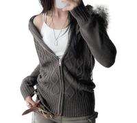 LLECDASEUI Kunstfell Pelzbesatz Hoodies Für Frauen, Y2k Kabel Stricken Langarm Gekürztes Sweatshirt, Reißverschluss Schlanke Jacke Mit Fellkapuze (M,Grau)