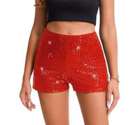 LLECDASEUI Pailletten Shorts Für Frauen, Glitzernd Gerades Bein Kurz Glitzer Glitzernde Hot Pants Solide Party (S,Rot)