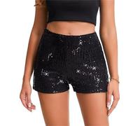 LLECDASEUI Pailletten Shorts Für Frauen, Glitzernd Gerades Bein Kurz Glitzer Glitzernde Hot Pants Solide Party (L,Schwarz)