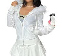 LLECDASEUI Samt-Kapuzenpullover für Damen, langärmelig, Reißverschluss, Sweatshirt, Crop Top, Jacken mit Pelz-Kapuzen-Kordelzug, Retro, Y2k, weiß, S