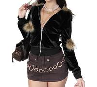 LLECDASEUI Samt-Kapuzenpullover für Damen, langärmelig, Reißverschluss, Sweatshirt, Crop Top, Jacken mit Pelz-Kapuzen-Kordelzug, Retro, Y2k, Schwarz , L