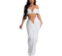 LLECDASEUI Trägerloses Rockoutfit für Damen, zweiteilig, dehnbar, geraffte Camisole, kurze Oberteile, Maxi-Röcke, sexy figurbetonte Sets, weiß, S