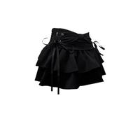 LLECDASEUI Y2K Frauen Fliege Rüschen Saum Blau Jean Plissee Sexy Minirock Hohe Taille A Linie Kawaii Kuchen Röcke (Schwarz,L)