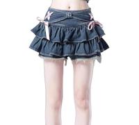 LLECDASEUI Y2K Frauen Fliege Rüschen Saum Blau Jean Plissee Sexy Minirock Hohe Taille A Linie Kawaii Kuchen Röcke (Blau,S)