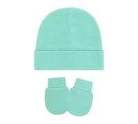 LLLmhuaa Set aus Mütze und Handschuhen für Neugeborene, maschinenwaschbar, dehnbare Baumwolle, weiche Kopfbedeckung, sichere Passform, 0-3 Monate, Mütze und Fäustlinge für Neugeborene, Flaches Seeblau