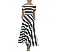 LMFKDA Satinkleid Damen Frauen Von Schulter Eleganter Streifen Gedruckt Maxi Kleid Lässige Lockere Lange Sonnenbräuche-Schwarz-XXL