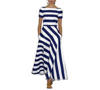 LMFKDA Satinkleid Damen Frauen Von Schulter Eleganter Streifen Gedruckt Maxi Kleid Lässige Lockere Lange Sonnenbräuche-Dunkelblau-L