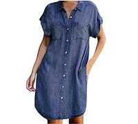 Lmitation Denim-Kleid für Damen Lässige Kurzarm-Knöpfe mit geknöpftem Babydoll-Hemd Jeanskleid Vintage-Blaues Jeans-Knopf-Up-Shift-Denim-Kleid Retro-Schnappkleid Midi-Länge
