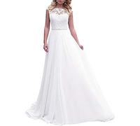 LNNLSS Chiffon Lang Hochzeitskleider Standesamt Brautkleid Brautmode mit Spitze a Linie Rückenfrei, Weiß, 44