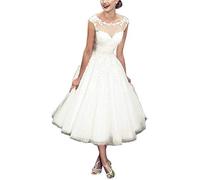 LNNLSS Elegante Kurz Vintage Brautkleid für Braut mit Spitze Ärmellos, Elfenbein, 36