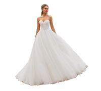 LNNLSS Prinzessin Lang Tüll Hochzeitskleid Vintage Trägerlos Brautkleid a Linie Elegant Brautkleider for Damen, Weiß, 38