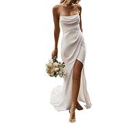 LNNLSS Sexy Lang Meerjungfrau Hochzeitskleid Spaghettiträger Hochgeschlitzte Robe Einfaches Rückenfreies Brautkleid Strandhochzeitskleid, Elfenbein, 40