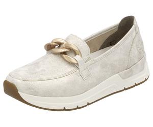 Loafer RIEKER, Damen, Gr. 43, beige (creme), Lederimitat, metallic, Schuhe Loafer, Slipper, Slip-on Sneaker, Halbschuh mit modischer Zierkette (77872736-43) creme