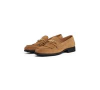 Loafer TOMMY HILFIGER "TH CHAIN FRINGE SUEDE LOAFER", Damen, Gr. 35, braun (camelfarben), Veloursleder, Schuhe Loafer, Blockabsatz, Slipper, Businessschuh mit goldfarbener Logo-Zierkette (79319948-35)