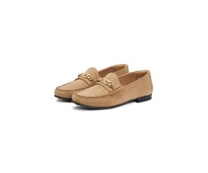 Loafer TOMMY HILFIGER "TH CHAIN SUEDE LOAFER", Damen, Gr. 36, safari, Veloursleder, unifarben, Basic, Schuhe Loafer, Slipper, Businessschuh, Schlupfschuh mit goldfarbener Zierkette (16581022-36) safar