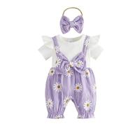 Loalirando Baby Kleidung Mädchen Sommer Neugeborene Kurz Strampler Kurzarm ohne Füße One Piece Outfit Einteiler (Weißes Gänseblümchen Lila, 12-18 Monate)